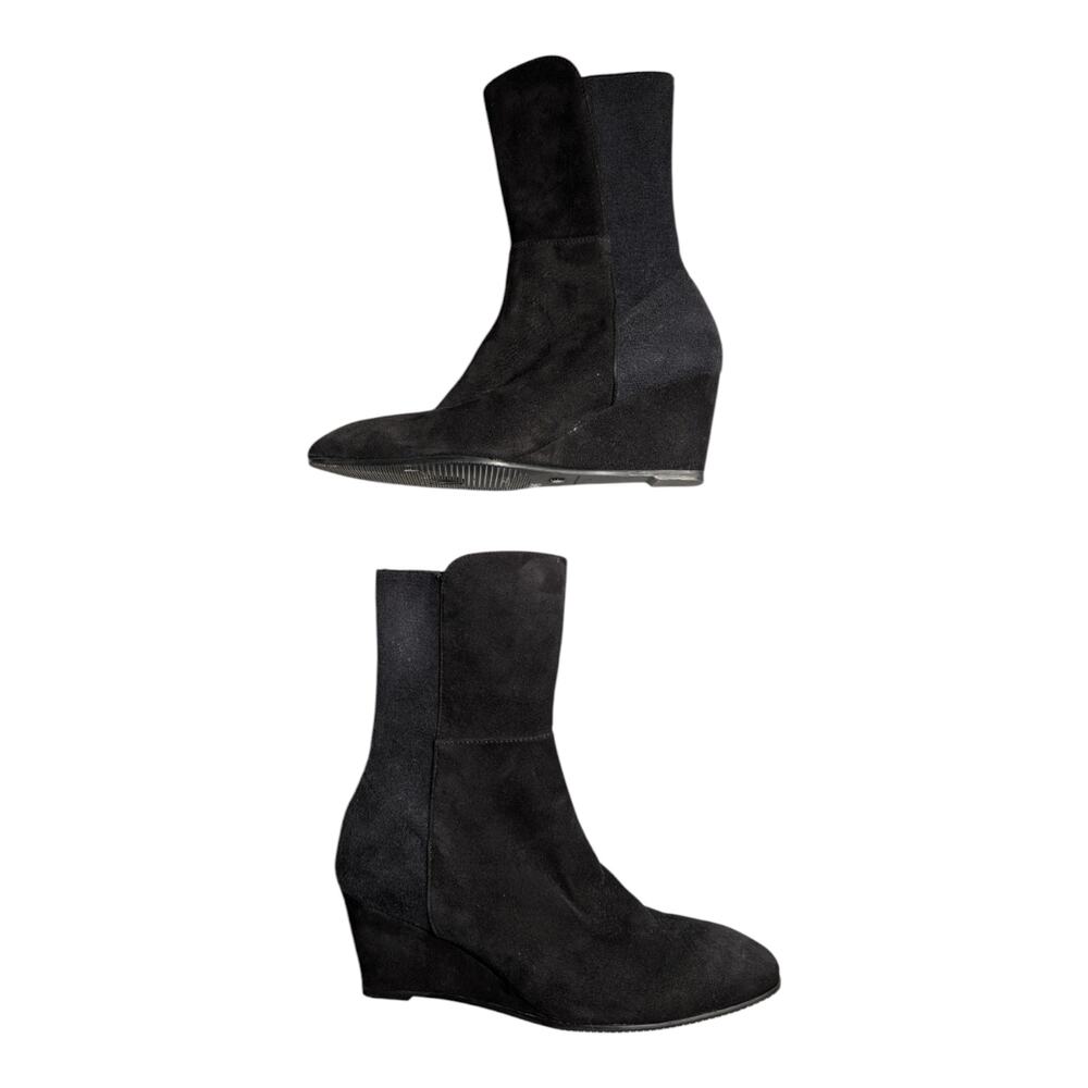 Stuart Weitzman Beatrice Black Suede Almond Toe Wedge Midi Ankle Boots Sz 7